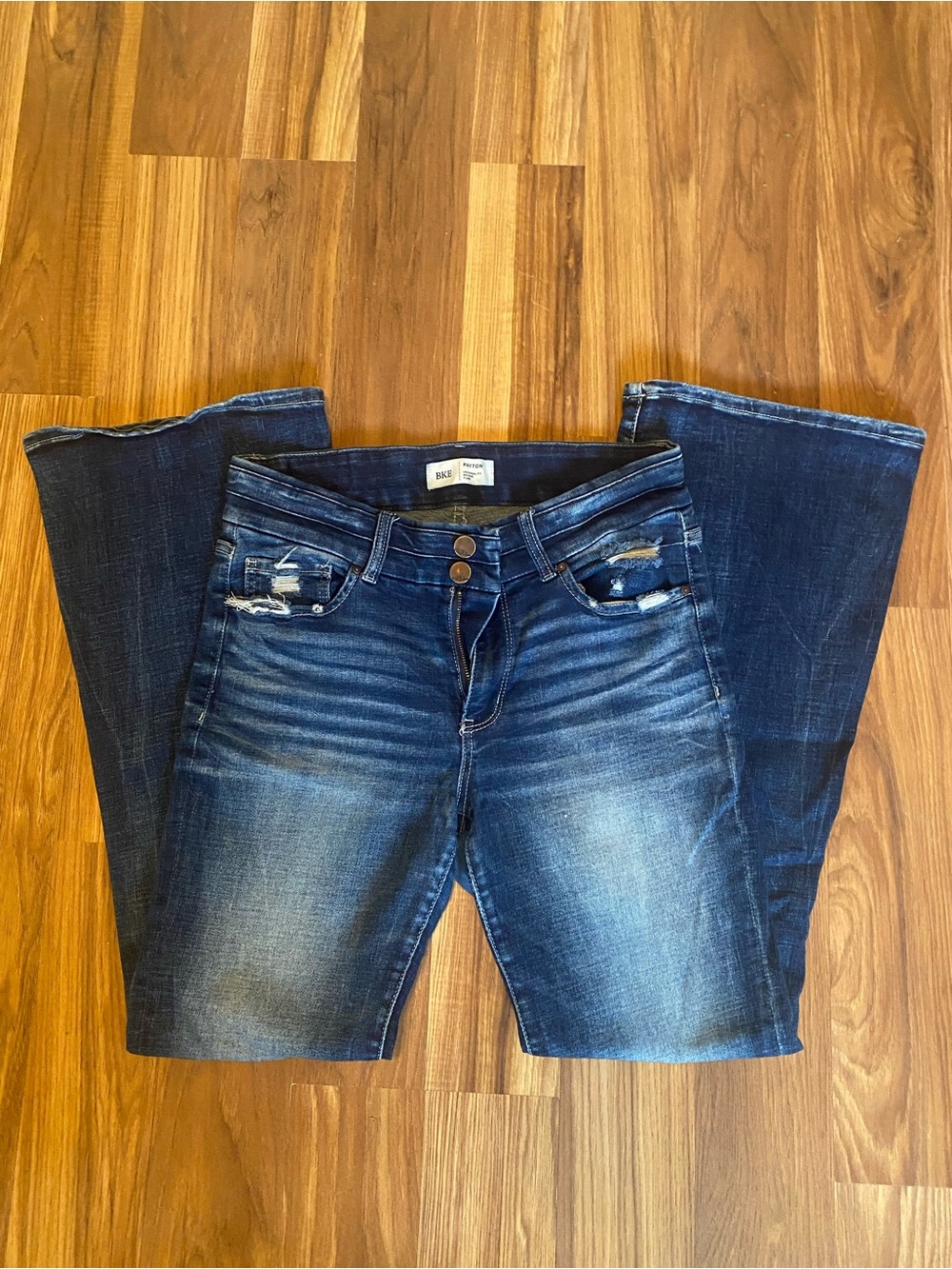 BKE Women's Dark Blue Bootcut Jeans with Faded Detailing